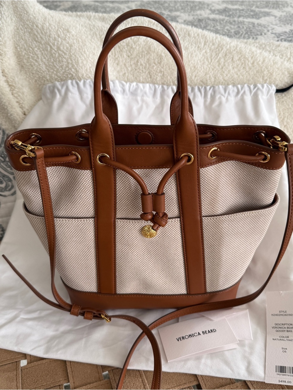 Veronica Beard Goody Drawstring Canvas Crossbody Bag- Ivory/Brown/Gold